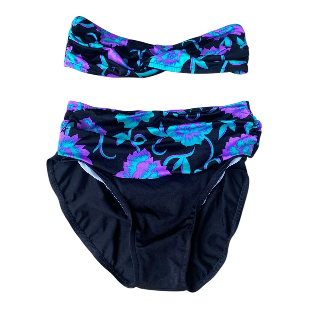 1980S JANTZEN CLASSICS BLUE FLORAL HIGH CUT TWO PIECE BIKINI SWIMSUIT SIZE 6